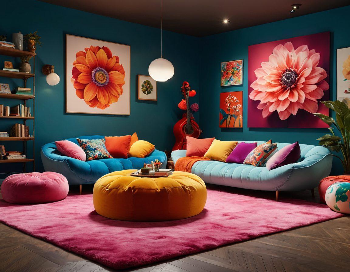 A cozy, whimsical room filled with vivid colors and playful furniture that nods to adult animation aesthetics. Include plush bean bags, quirky wall art featuring animated characters, and soft lighting that creates an intimate yet vibrant atmosphere. Add a corner with a vintage-style television playing animated scenes and elements of fantasy like floating clouds or oversized flowers. Playful accents like bright cushions and eccentric decor enhance the space. vibrant colors. super-realistic.
